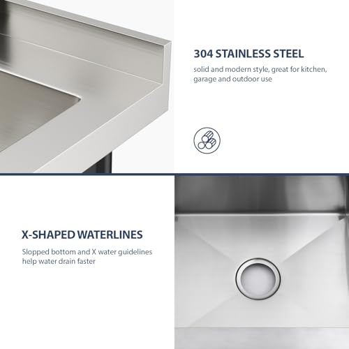Lordear Stainless Steel Utility Sink 24 Inch - 24"x21" Freestanding Stainless Steel Kitchen Sink Single Bowl Commercial and Residential Use for Laundry Room Garage Outdoor and Kitchen