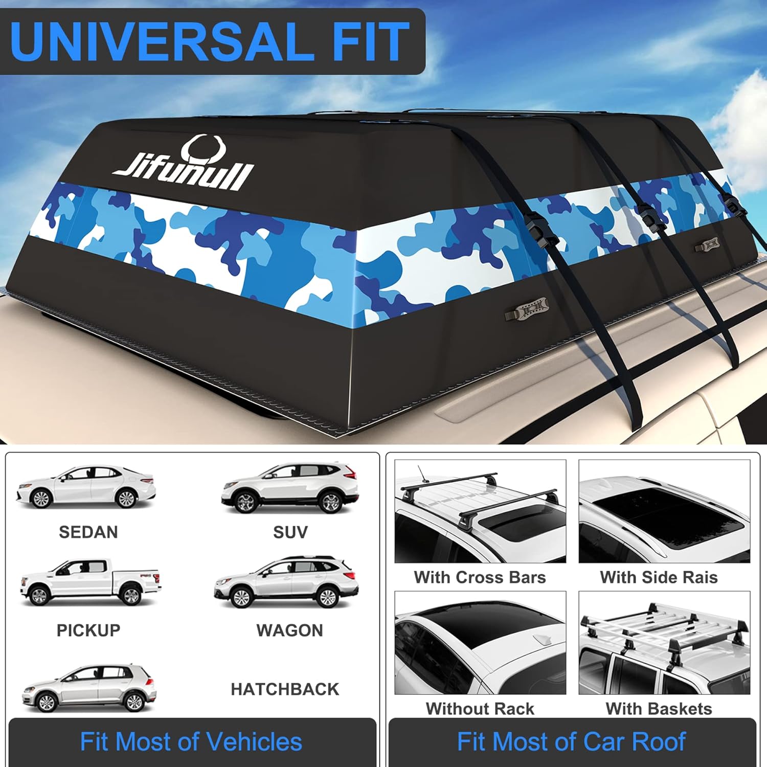 Jifunull Rooftop Cargo Carrier Bag 21 Cubic Feet, Waterproof Soft-Shell Roof Rack Cargo Carrier, 1000D PVC Anti-Tear Car Roof Bag for Vehicle with/Without Racks, Includes 7 Door Hooks, Anti-Slip Mat