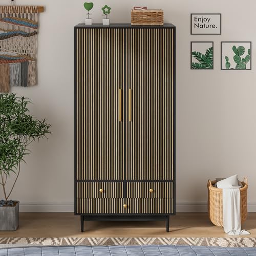 Armoire Wardrobe Closet with 2 Fluted Doors,64.96" Wooden Clothes Storage Cabinet with Hanging Rod and Shelf Storage,Wardrobe Cabinet with 3 Drawers,Freestanding Closet for Bedroom,White