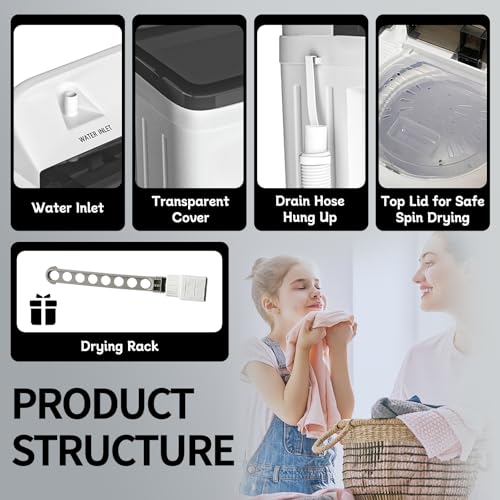 Portable Twin Tub 32lbs Washing Machine with Drying Rack&10 Hangers, 20lbs Washer Mini Compact Laundry Machine and 12lbs Spinner, Semi-automatic Washer Combo for Dorms, Apartment (32lbs)