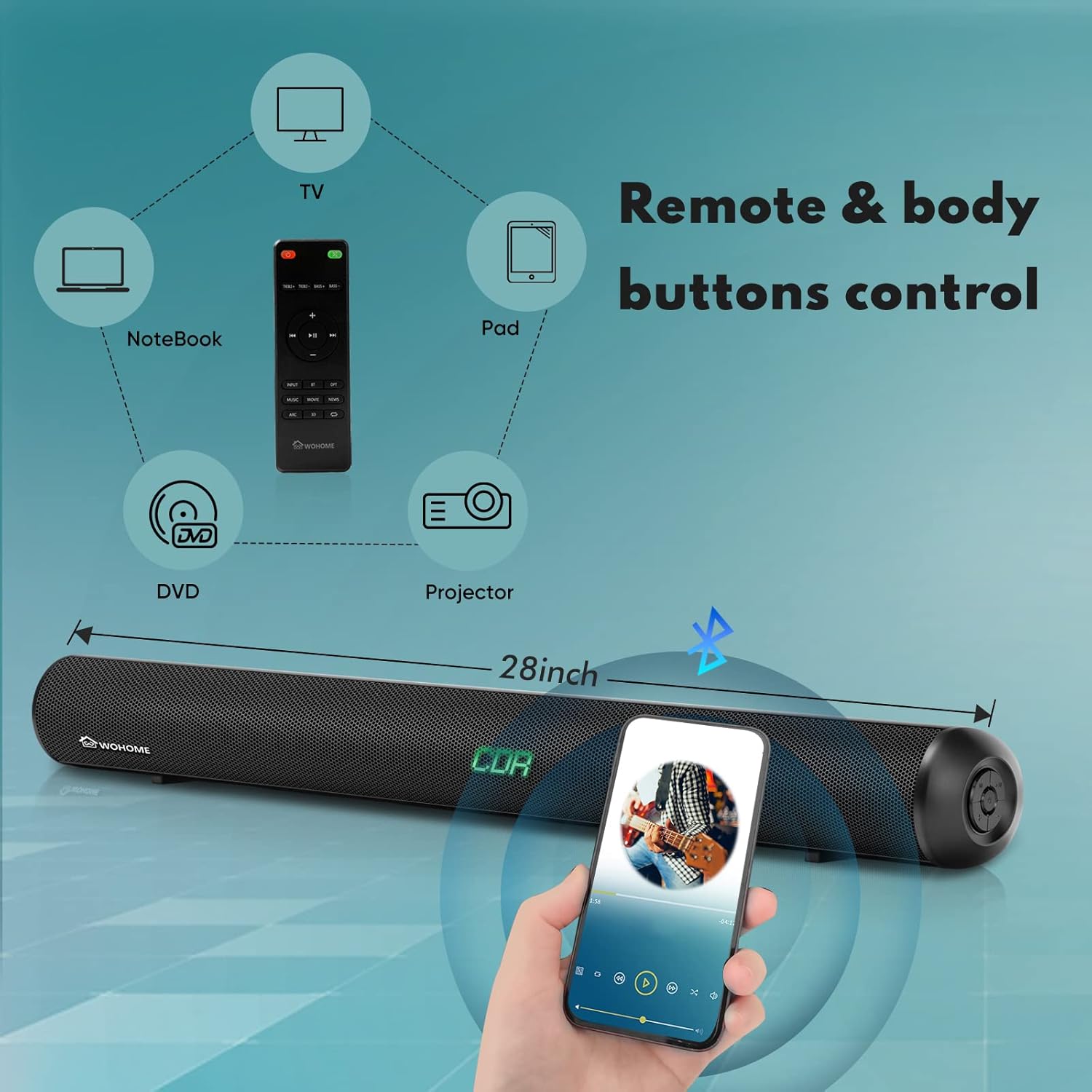 Wohome Sound Bars for TV with Subwoofer, 28-INCH 120W Ultra Slim Surround Soundbar Speakers System with Wireless Bluetooth 5.0 HDMI-ARC Optical RCA USB AUX Input, Works with 4K & HD TVs, Model S99