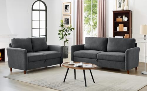Modern Linen Sofa,Couch with Storage,Modern Love Seats with Armrest and 2 Pillows,Suitable for Living Room,Bedroom, Apartment, Office and Small Space (Dark Grey, 3-Seat)