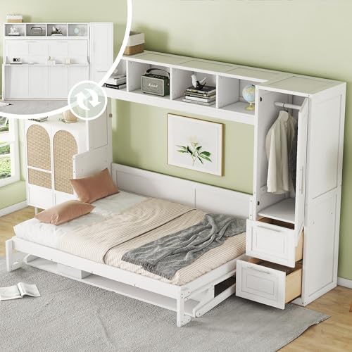 Linique Full Size Murphy Cabinet Storage Wall Bed with Closet and Drawers and Built-in Top Shelf,Hide a Bed on a Wardrobe Space Saving Design,Gray