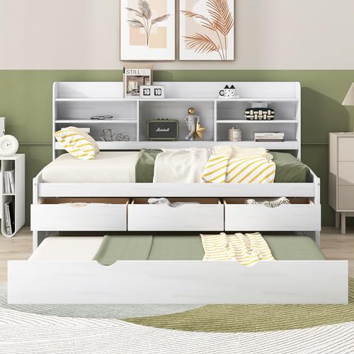 Harper & Bright Designs Twin Size Captain Bed with Built-in Bookshelves/3 Storage Drawers/Trundle, Wooden Twin Daybed Bed Frame for Kids Teens Dorm Bedroom Multipurpose Guest Room, White Wash