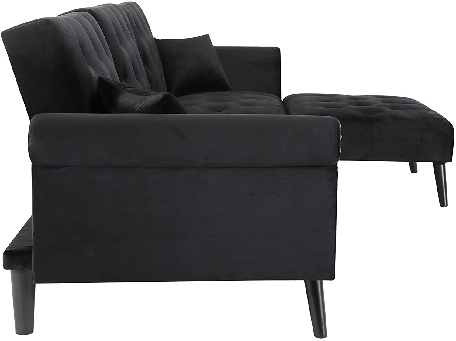 Convertible Sectional Sofa L Shape Couch Sleeper Bed Black Velvet with Wood Legs for Living Room Furniture