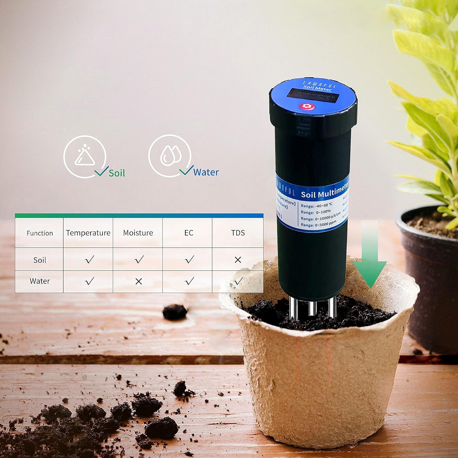 LAWNFUL 4-Way Soil Water Meter for Moisture/TDS/Conductivity/Temperature Test, 4-in 1 Tester with LCD Display for Soil and Water Plant (Work as Moisture & EC & TDS Meter & Thermometer) Pack of 2