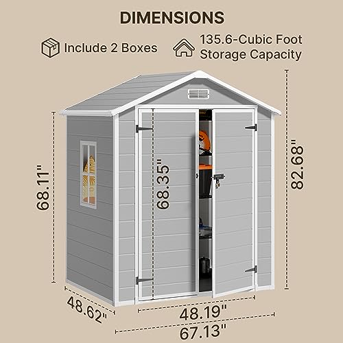 Gizoon Outdoor Resin Storage Shed 5x3 FT, Plastic Garden Shed with Floor for Tool, Garbage Can, Bike, Outside Sheds & Outdoor Resin Shed with Lockable Door for Patio, Lawn, Backyard, Grey & White
