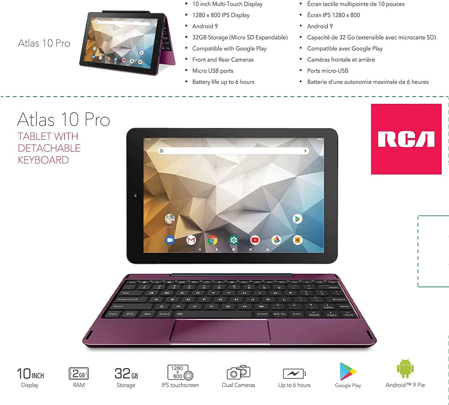 New RCA Tablet Quad-Core 2GB RAM 32GB Storage IPS HD Touchscreen WiFi Bluetooth with Detachable Keyboard Android 9 (10", Lavender)