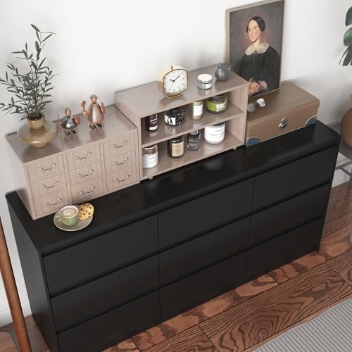 Hitow 9 Drawer Dresser for Bedroom with Deep Drawers, Large Floor Wood Dressers & Chest of Drawers Handle Free, Modern Black Long Dressers for Closet Living Room, Euro Slide (63"W x 15.7"D x 31.5"H)