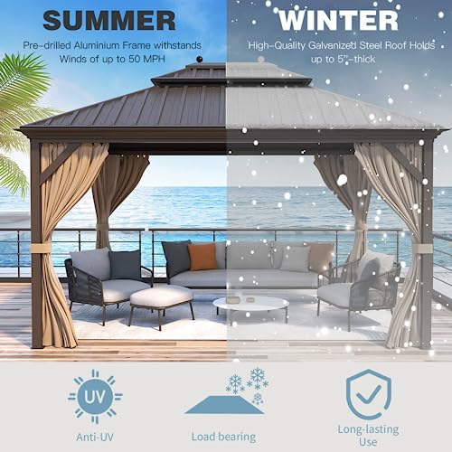 MELLCOM 12'x16' Hardtop Gazebo, Galvanized Steel Metal Double Roof Canopy with Curtains and Netting, Brown Permanent Pavilion Gazebos with Aluminum Frame for Garden, Patio, Lawns, Deck