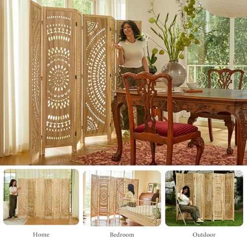 Room Divider Wood Carved Wall Divider Indoor Folding Bohemian Style Portable Partition Screen for Home Office Garden Terrace - 6 Panels (Antique, White-Washed)