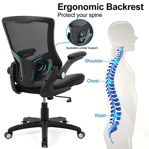 Office Chair Ergonomic Desk Chair, Computer PU Leather Home Office Chair, Swivel Mesh Back Adjustable Lumbar Support Flip-up Arms Executive Task Chair