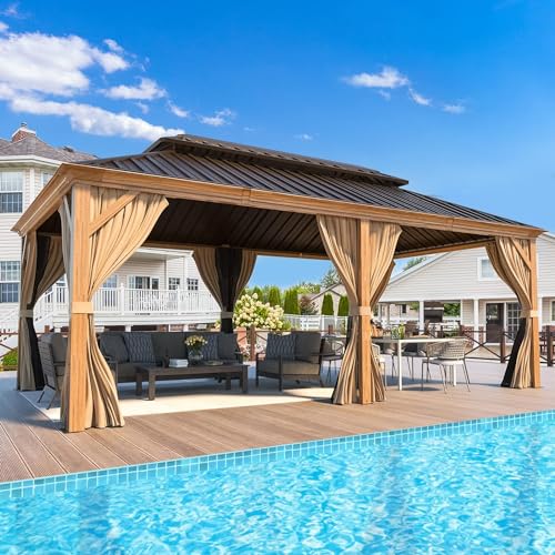 MELLCOM 12'x16' Hardtop Gazebo, Galvanized Steel Metal Double Roof Canopy with Curtains and Netting, Brown Permanent Pavilion Gazebos with Aluminum Frame for Garden, Patio, Lawns, Deck