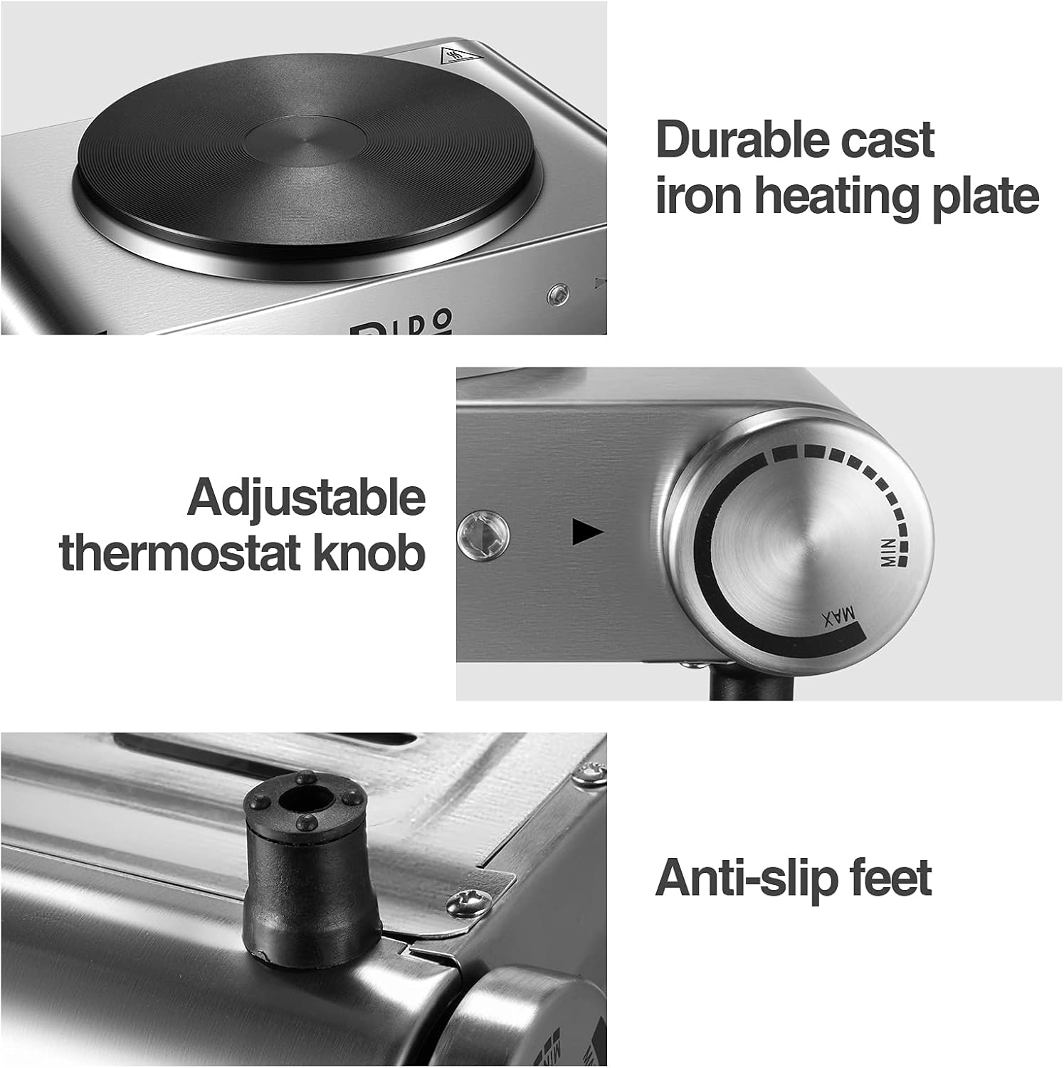 DIDO 1800W Hot Plate, Portable Electric Stove Countertop Cast-Iron Double Burner with Adjustable Temperature& Anti-Slip Feet, Stainless Steel Cooktop for Home/Camp/RV, Compatible for All Cookwares