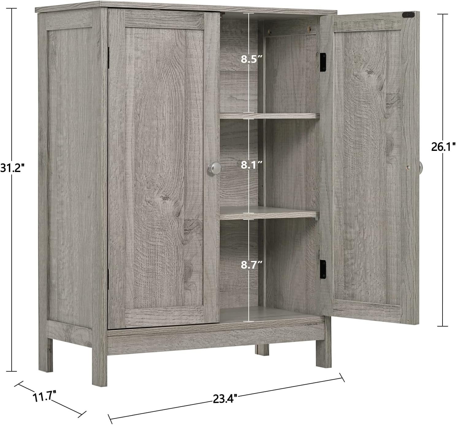 Iwell Storage Cabinet, Bathroom Cabinet with 4 Doors & Adjustable Shelf, Cupboard, Bathroom Floor Cabinet for Living Room, Entryway, Home Office, Grey