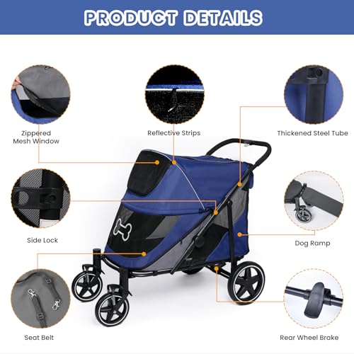Dog Stroller for Large Dogs Up to 80 lbs One-Click Foldable Medium Dogs Pet Stroller with Access Ramp, Storage, Breathable Mesh Window and Safety Brake, Navy Blue