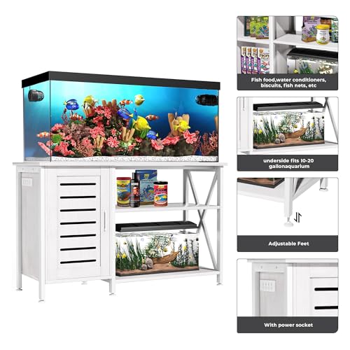 55-75 Gallon Fish Tank Stand, Aquarium Stand with Power Outlets and Cabinet for Fish Tank Accessories Storage, Heavy Duty Metal Frame, 52" L*19.68" W Tabletop, 1200LBS Capacity, White PG05YGW