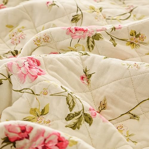 Brandream Pink Rose Floral Patchwork Quilts Cotton Queen Size Quilted Comforter Set Rustic Country Coverlet Bedspread Set 3-Piece