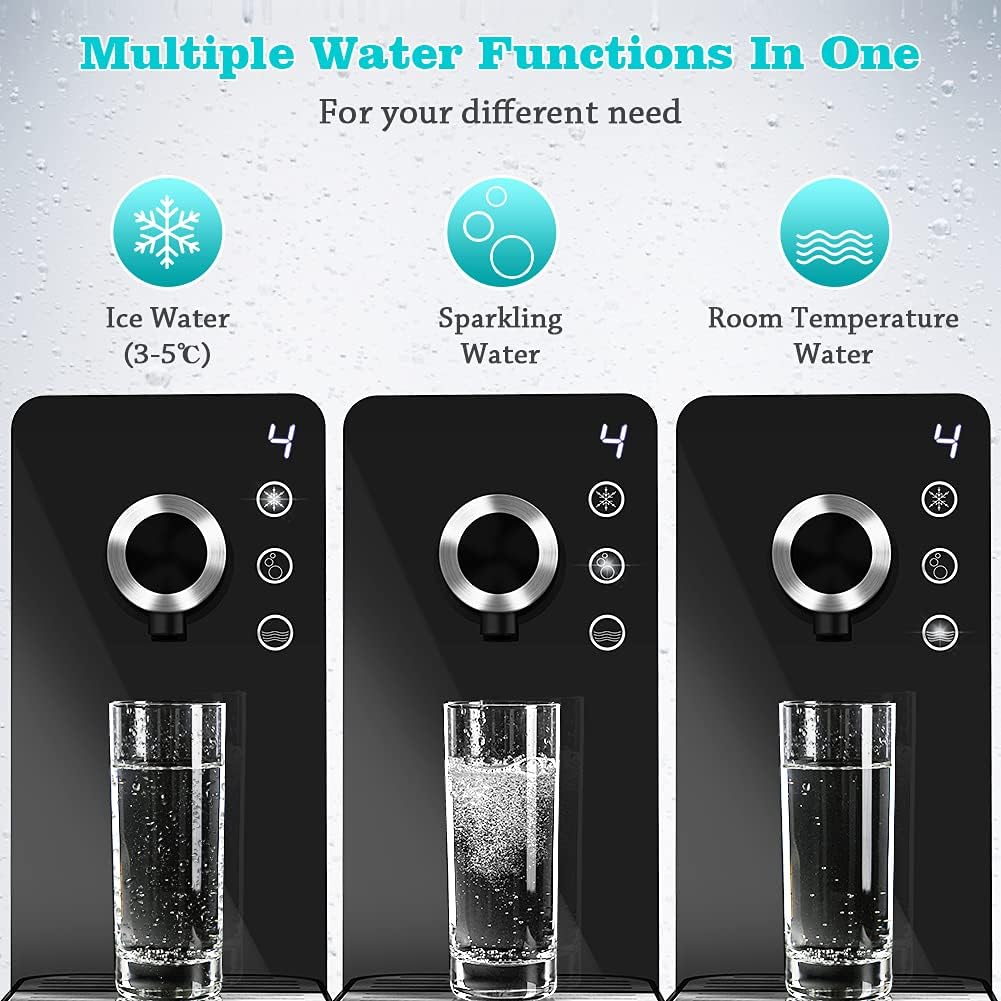 Commercial Sparkling Water Maker- Soda Maker Fizzy Drink Machine Carbonator for Home, Countertop Ice Water Cooler Dispenser and Room Temperature Water Without CO2 Cylinder Black