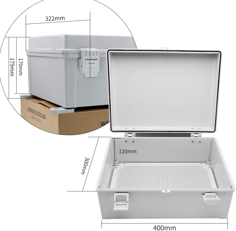 MAKERELE Outdoor Electrical Box Weatherproof Includes Internal Mounting Panel 15.711.86.7 (400300170mm) Large Project Box for Electronics Hinged Cover Plastic Clip with 2 NPT 3/4” Glands