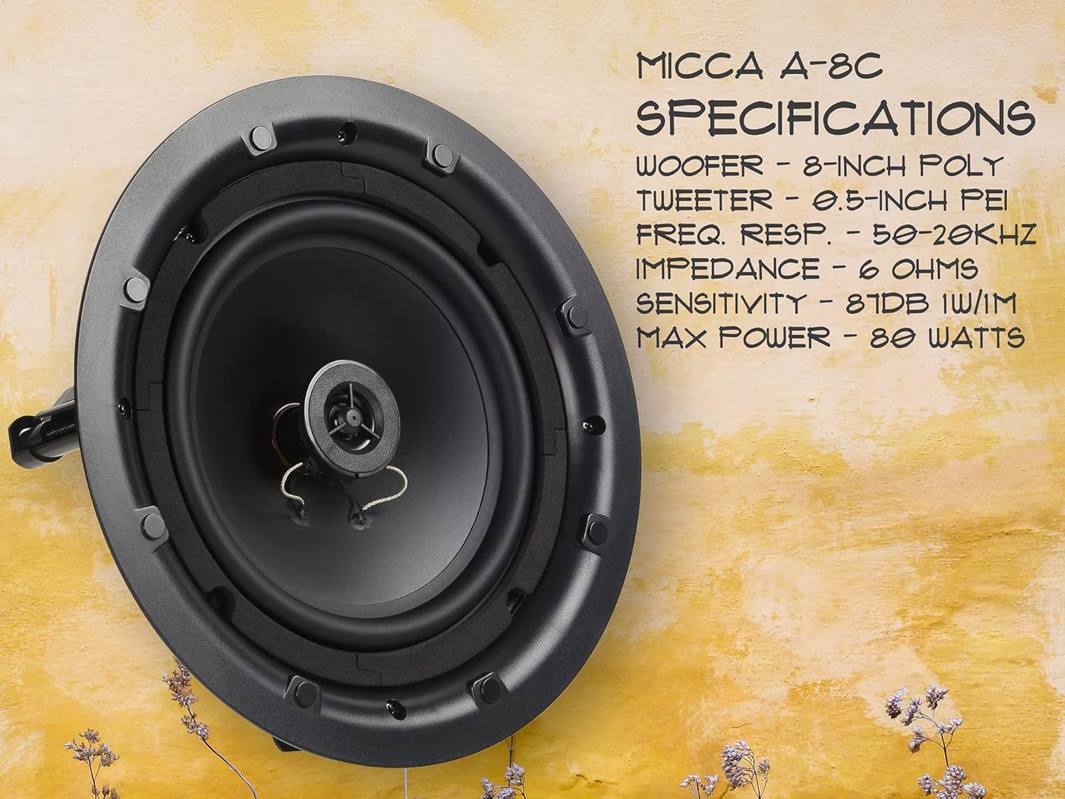 Micca 8 2-Way in Ceiling or Wall Round Speakers, 4 Pack, 8 Inch Woofer, 9.75 Cutout Diameter, Low Profile Rimless Design, for Indoor Rooms or Covered Outdoor Porches, White, Paintable