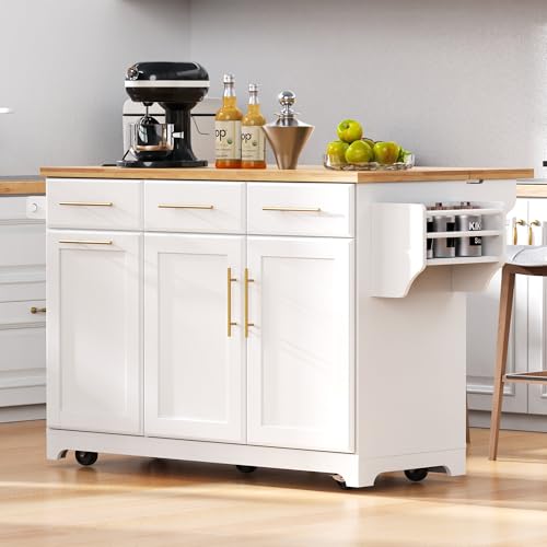 60" Kitchen Island with Drop Leaf and Power Outlet, Rolling Kitchen Cart on Wheels with Trash Can Storage Cabinet, Spice Rack, Towel Rack and Adjustable Shelf for Dining Room