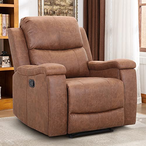 CANMOV Leather Recliner Chair, Classic and Traditional Manual Recliner Chair with Overstuffed Arms and Back, Manual Single Sofa with Concealed Cup Holders,Red Brown