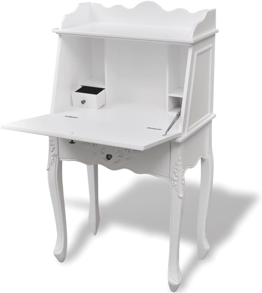 Exquisite Antique Secretary Desk - Vintage French Style Writing Table for Home Office - Classic Rustic Design with Elegant Wooden Finish-White