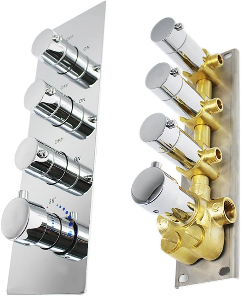 (Use All Options Once) 3-way Shower Brass Thermostatic Valve, HOMEDEC Shower Diverter Flow Control Valve for Shower System (Concealed Vertical installation, Chrome)