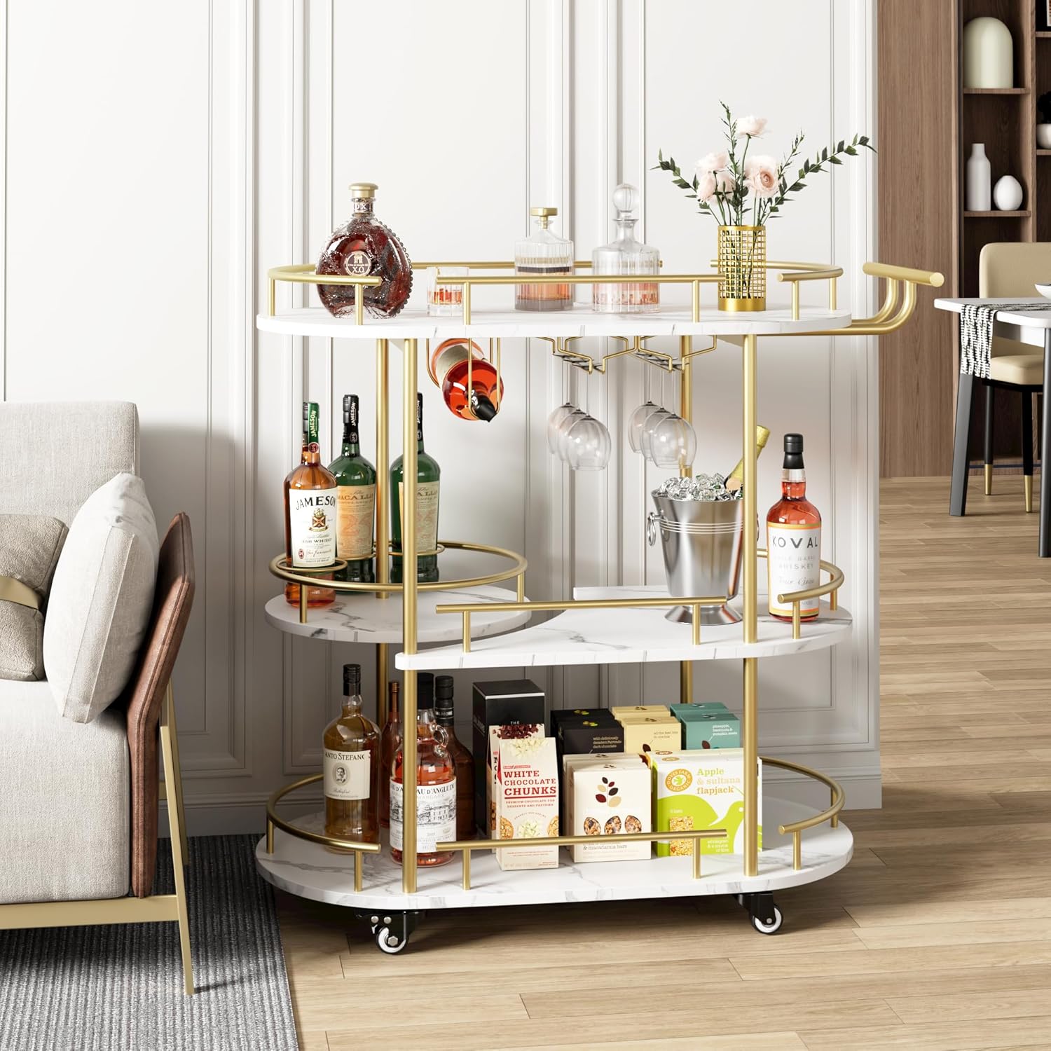 GAOMON Gold Bar Cart, 3 Tier Bar Cart with Wheels, Gold Rotating Bar Cart with Wheels and Handle, Serving Cart with Wine Rack and Glass Holder for Kichen, Living Room, Dining Room