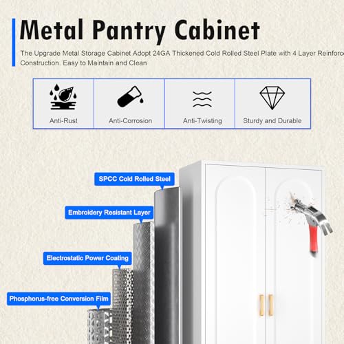 Metal Storage Cabinet with Doors and Shelves, 71 Inch Tall Kitchen Pantry Cabinet, Pantry Cabinets for Kitchen Storage, Freestanding Cupboard for Living, Dining Room, White, Assembly Required