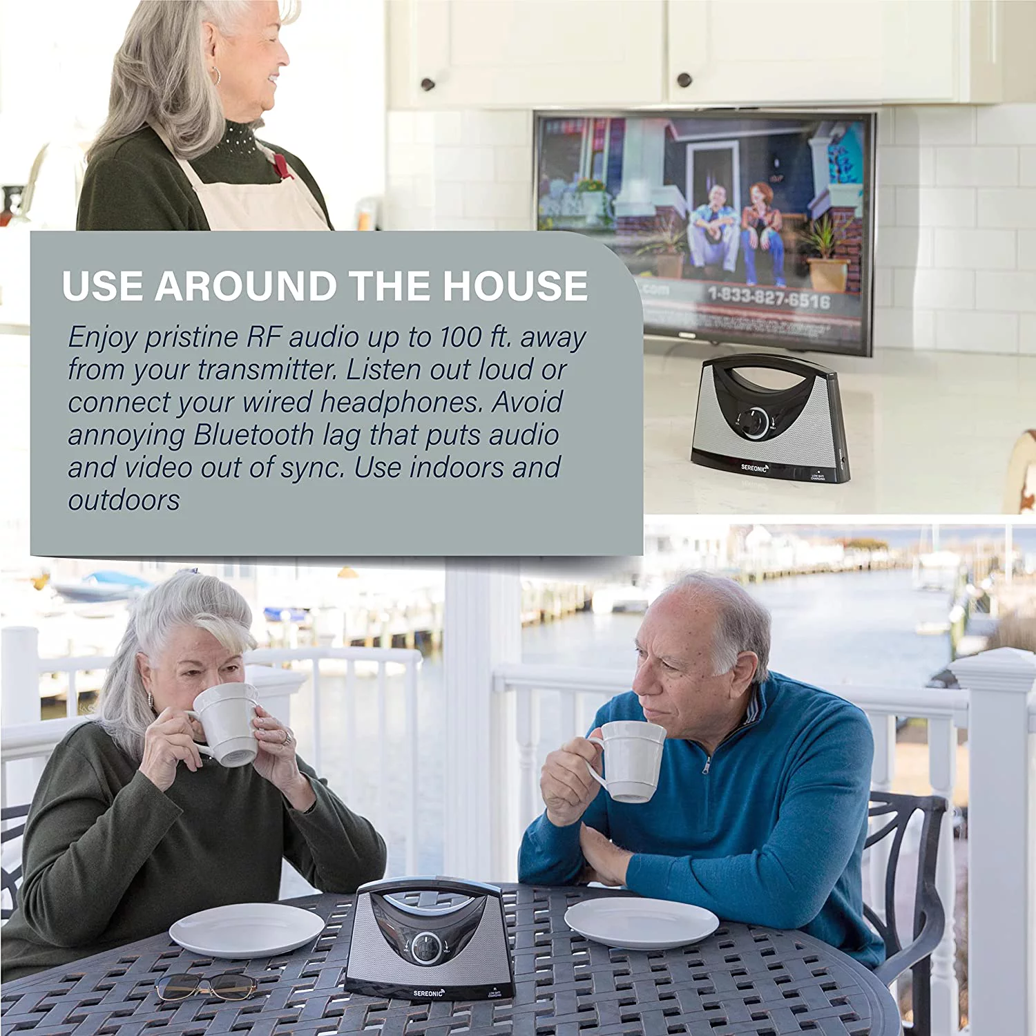 Sereonic Portable Wireless TV Speakers for Smart TV w/ Audio Ports, 100ft Range (Black/Silver)