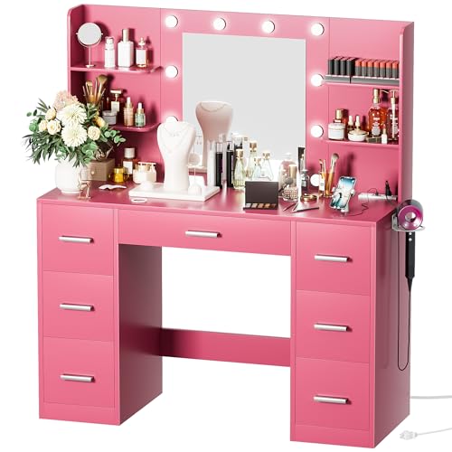 Vanity Desk with LED Lighted Mirror&Power Outlet, 3 Model Lights Makeup Vanity Table with 7 Drawers and 6 Storage Shelves for Bedroom and Dressing Room (Black)