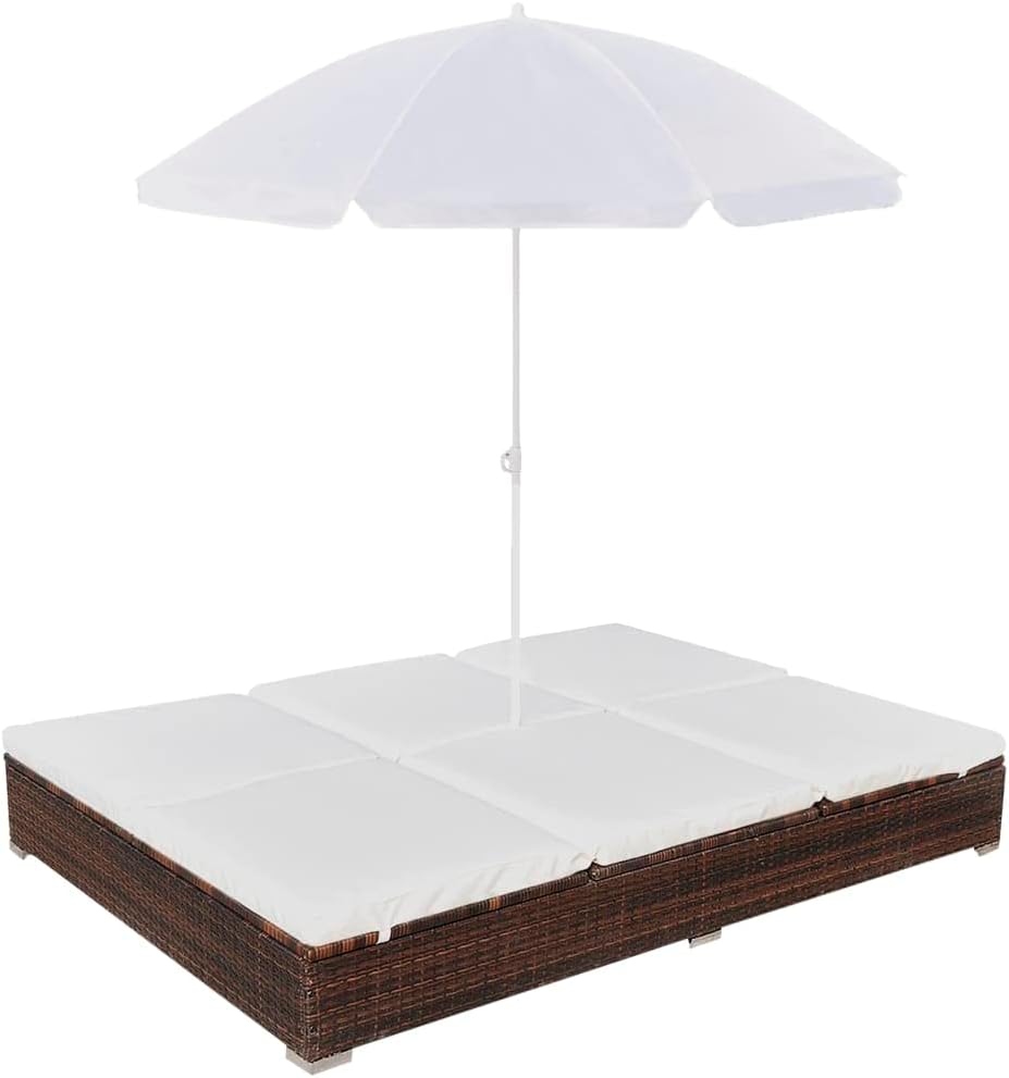 Double Sun Lounger with Cushion and Umbrella | 2-Person Patio Chaise Lounges | Adjustable Outdoor Sunbed | Garden Sunlounger Daybed | Sun Lounge Bed for Pool Beach Bakcyard | Brown Poly Rattan