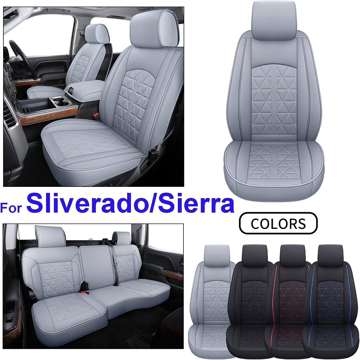 INCH EMPIRE Car Seat Cover Custom Fit for GMC Sierra 1500 2500 3500 2007-2021 Chevy Silverado 1500 2500 3500 Crew Extended Double Cab Pickup Synthetic Leather Protector (Black&Red Full Set)