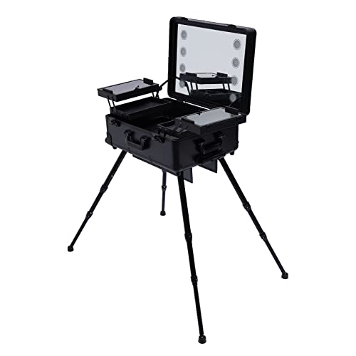 Cosmetic Train Cases Portable Makeup Case Salon Cosmetic Organizer w/Drawbar 4 Rolling Wheels &Mirror Makeup Train Case Professional Artist Trolley Studio Free Standing Case (black)