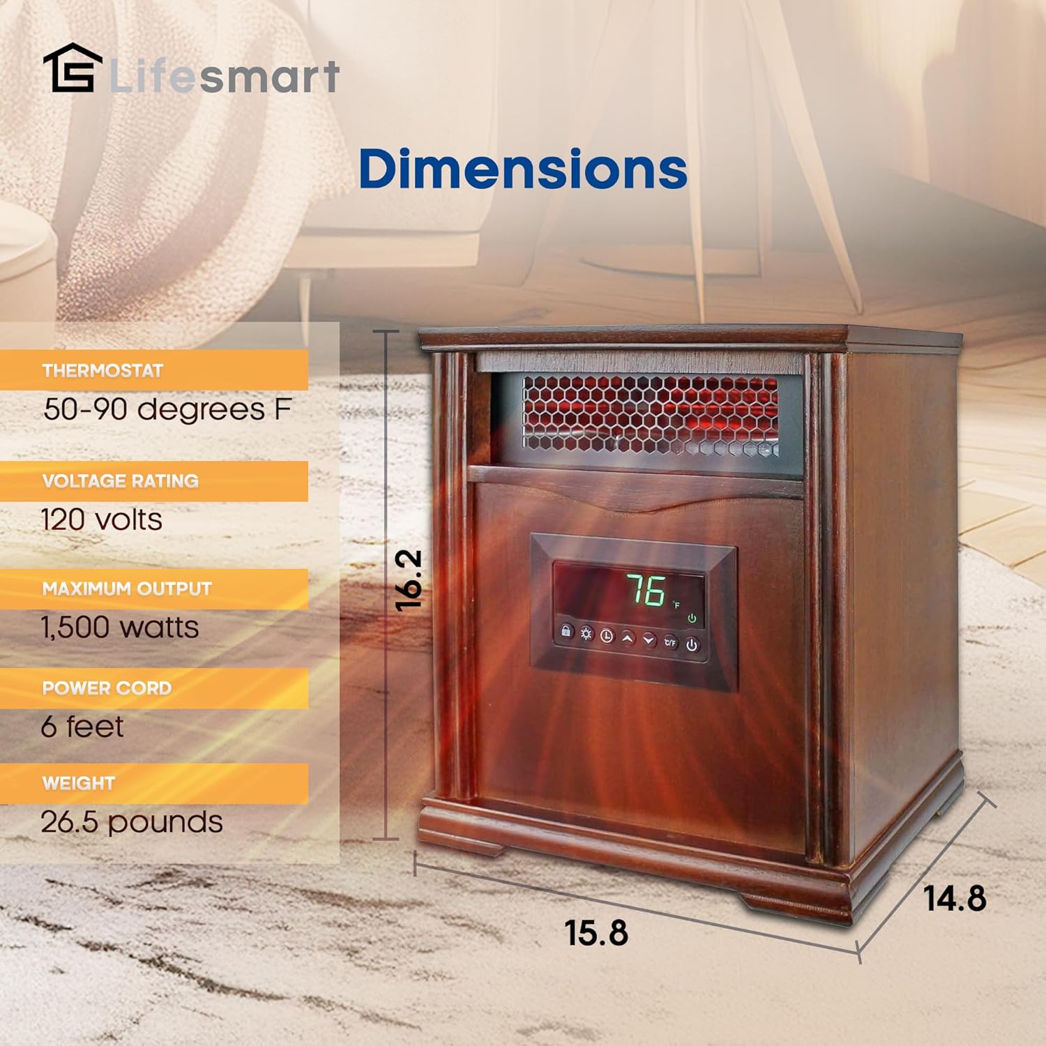 Lifesmart LifePro 1500W Portable Electric Infrared Quartz Space Heater for Indoor Use with 4 Heating Elements and Remote Control, Brown Oak Wood