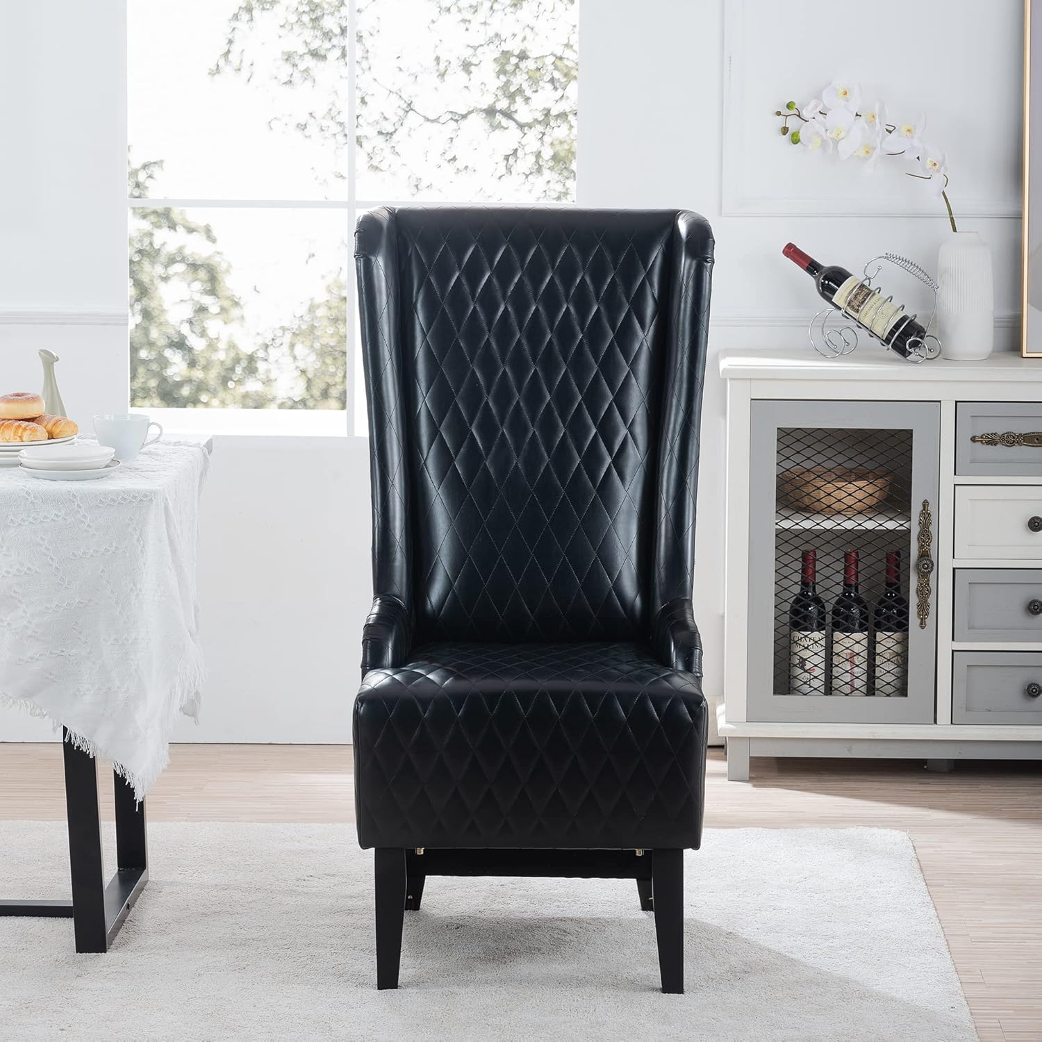 23.03" Wide Faux Leather High-Back Accent Chair, Comfy High Wingback Chair, Living Room Chair with Soft Padded & Wooden Legs, Modern Side Chair for Living Room, Bedroom, Black