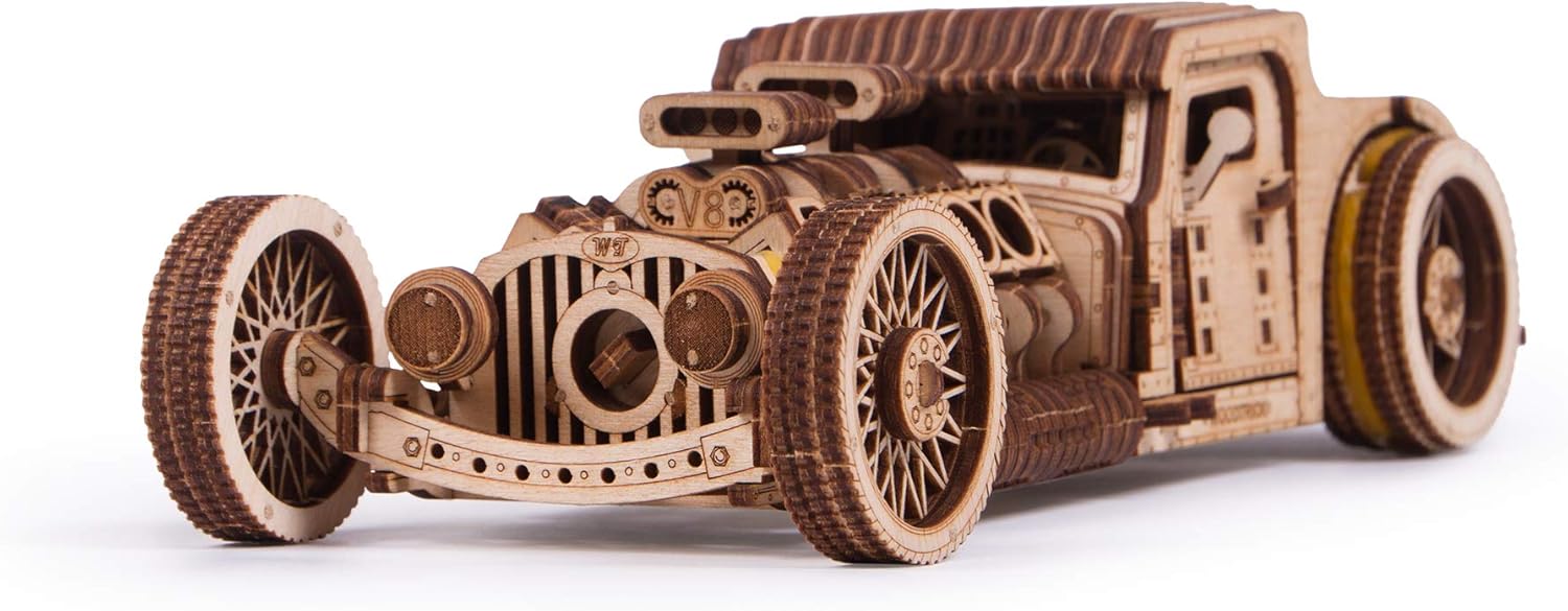 Wood Trick Hot Rod Wooden Model Car Kit to Build - Rides up to 32 feet - Very Detailed and Sturdy - No Batteries - 3D Wooden Puzzle - Mechanical Pack of 2