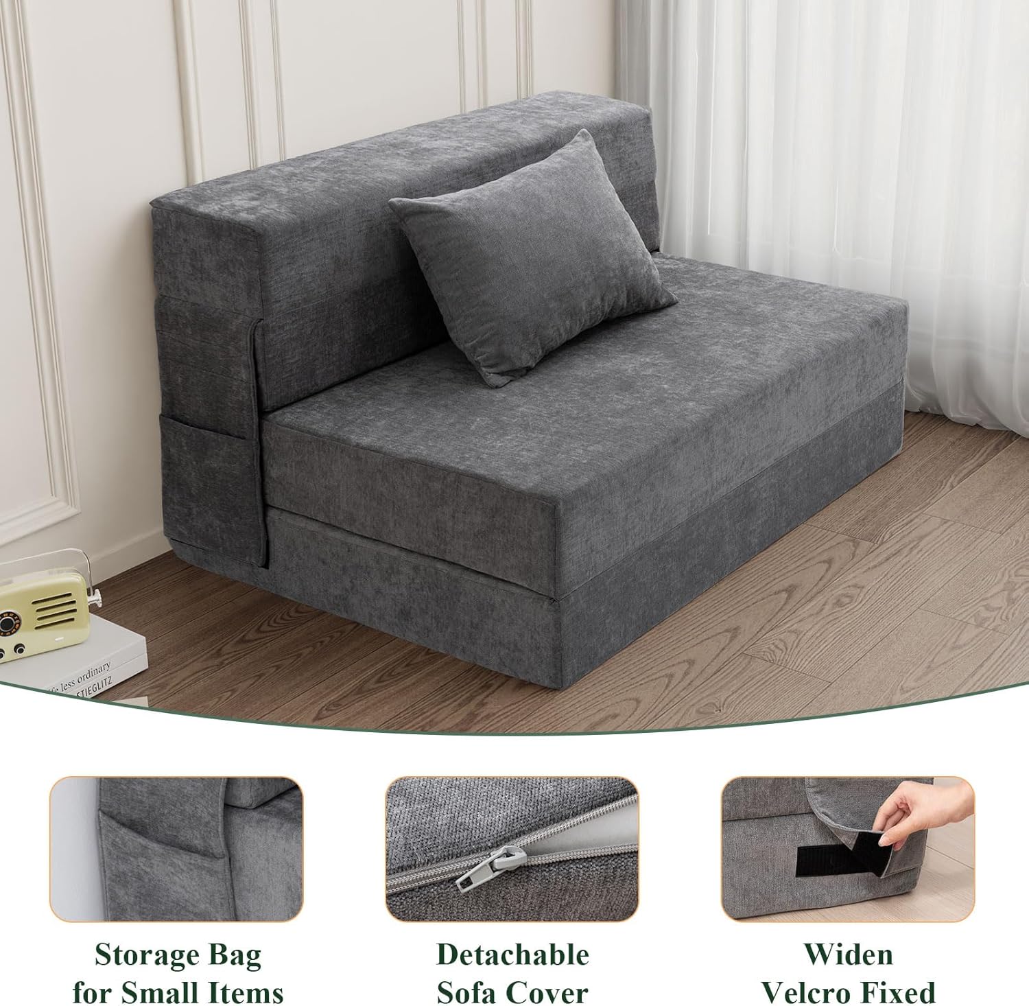 HOMFINE Folding Sofa Bed - Convertible Sleeper Chair with Pillow, Fold Out Couch, Memory Foam Floor Mattress, Futon Couch, Lazy Sofa for Living Room/Dorm/Guest Room/Home Office, Twin, Gray