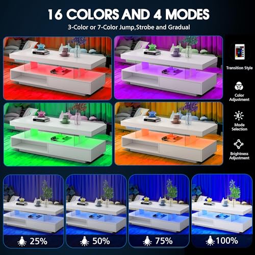LED Coffee Table with Storage, LED Coffee Tables for Living Room, High Gloss Coffee Table with LED Lights, Modern Center Table with Open Display Shelf & 2 Sliding Drawers (Black)