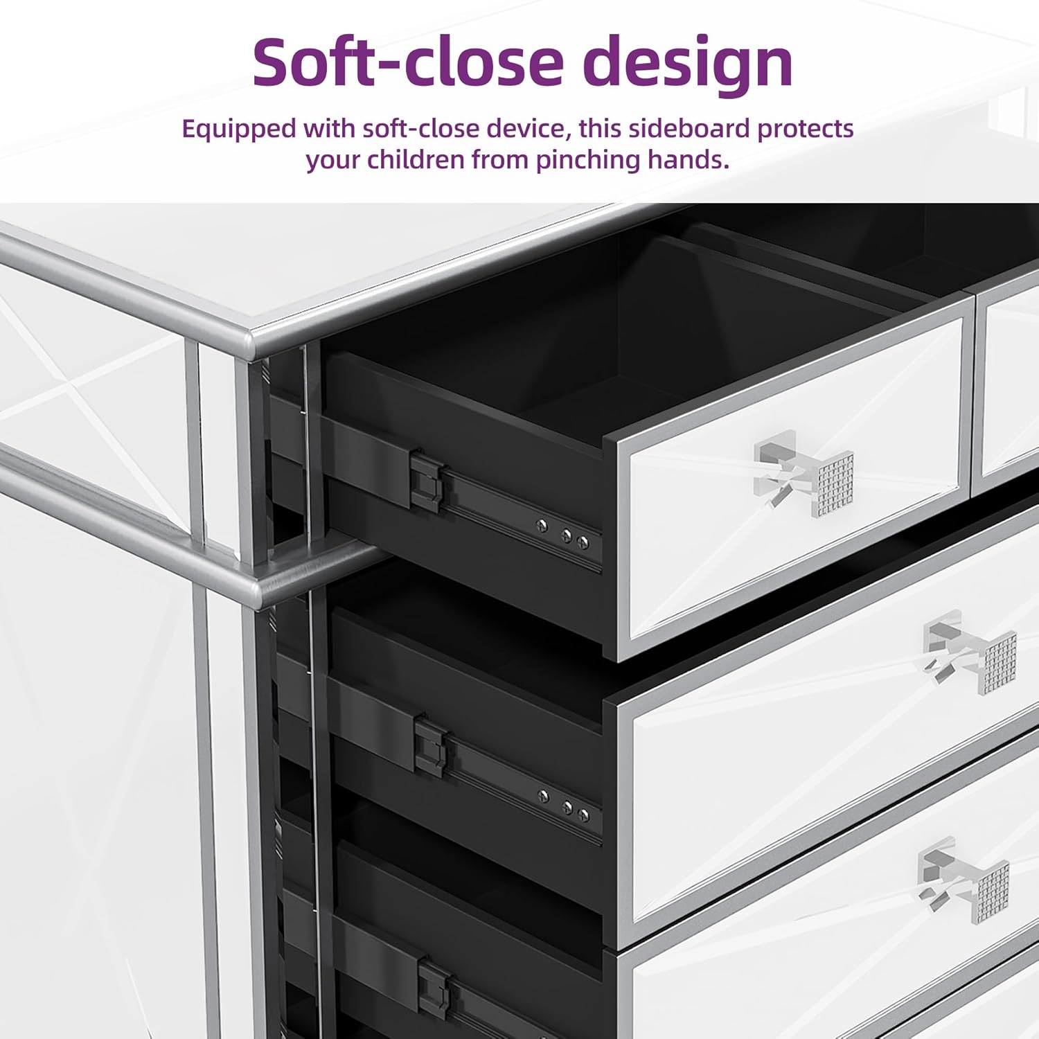 DWVO Silver Mirrored 5 Drawer Dressers for Bedroom, 35" Accent Chest with Drawers, with 5 Storage Drawers and Wood Legs, Fully Assembled Mirrored Nightstand for Bedroom, Living Room