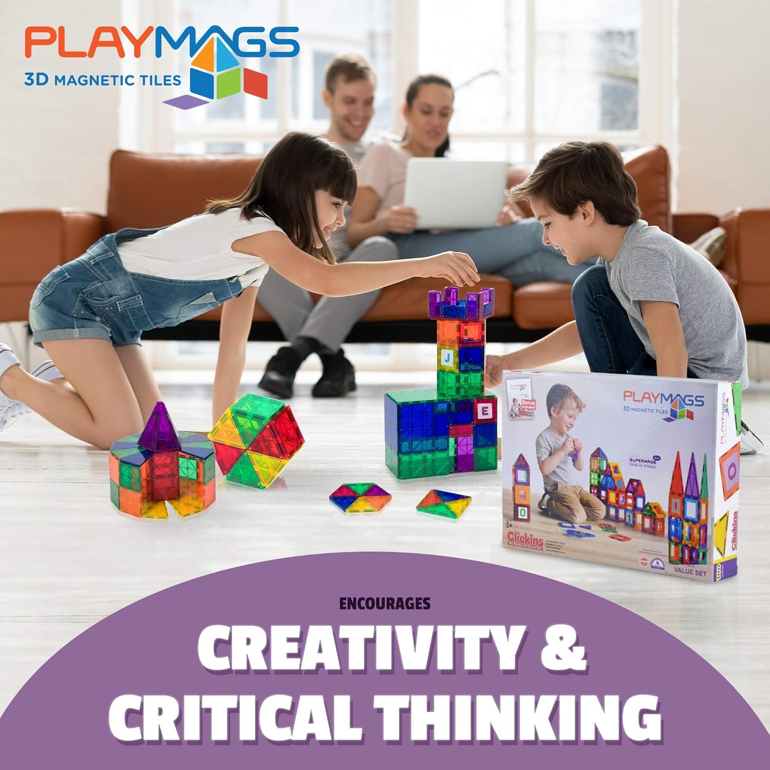 Award Winning Playmags Clear Colors Magnetic Tiles Building Set 50 + 6 Pc Set with Car - STEM Magnetic Toys Develop Motor Skills & Creativity, Colorful, Durable Magnet Building (56 Pc Set)