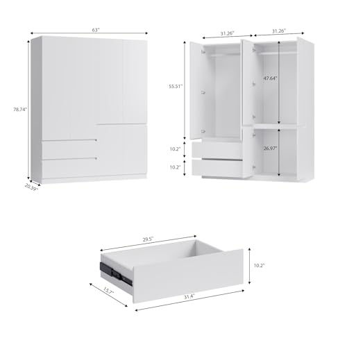 Armoire Wardrobe Closet with Drawers and Doors, 4 Door 2 Drawers White Bedroom Armoires Wooden Wardrobe with Shelves and Hanging Rod, 20.39" D x 63" W x 78.74" H