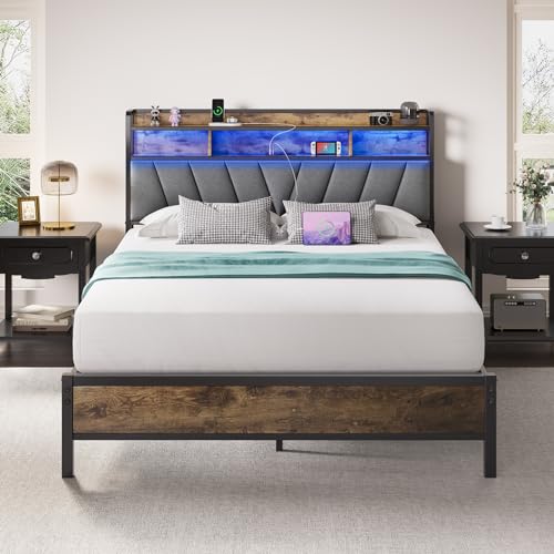 Full Bed Frames, Metal Bed Frames with Charging Station, LED Lights Bed Frames with Upholstered Storage Headboard, Sturdy and Noise-free, Storage Space under Bed, No Box Spring Needed, Brown