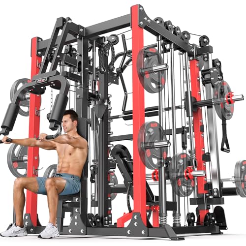 L05/07 Smith Machine，Multi-Function Squat Rack Power Cage with Cable Crossover System,with Weight Bench, Olympic Barbell Weight Set, for Home Gym