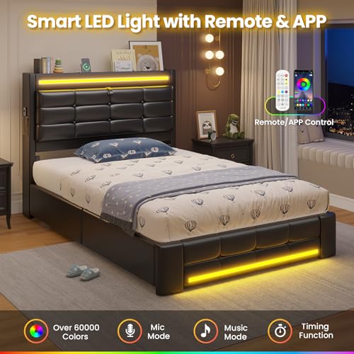 ADORNEVE Queen Bed Frame with Storage Headboard & 4 Drawers, LED Bed Frame Queen with Charging Station, Leather Upholstered Platform Bed Frame with Button Tufted, No Box Spring Needed, Black PU