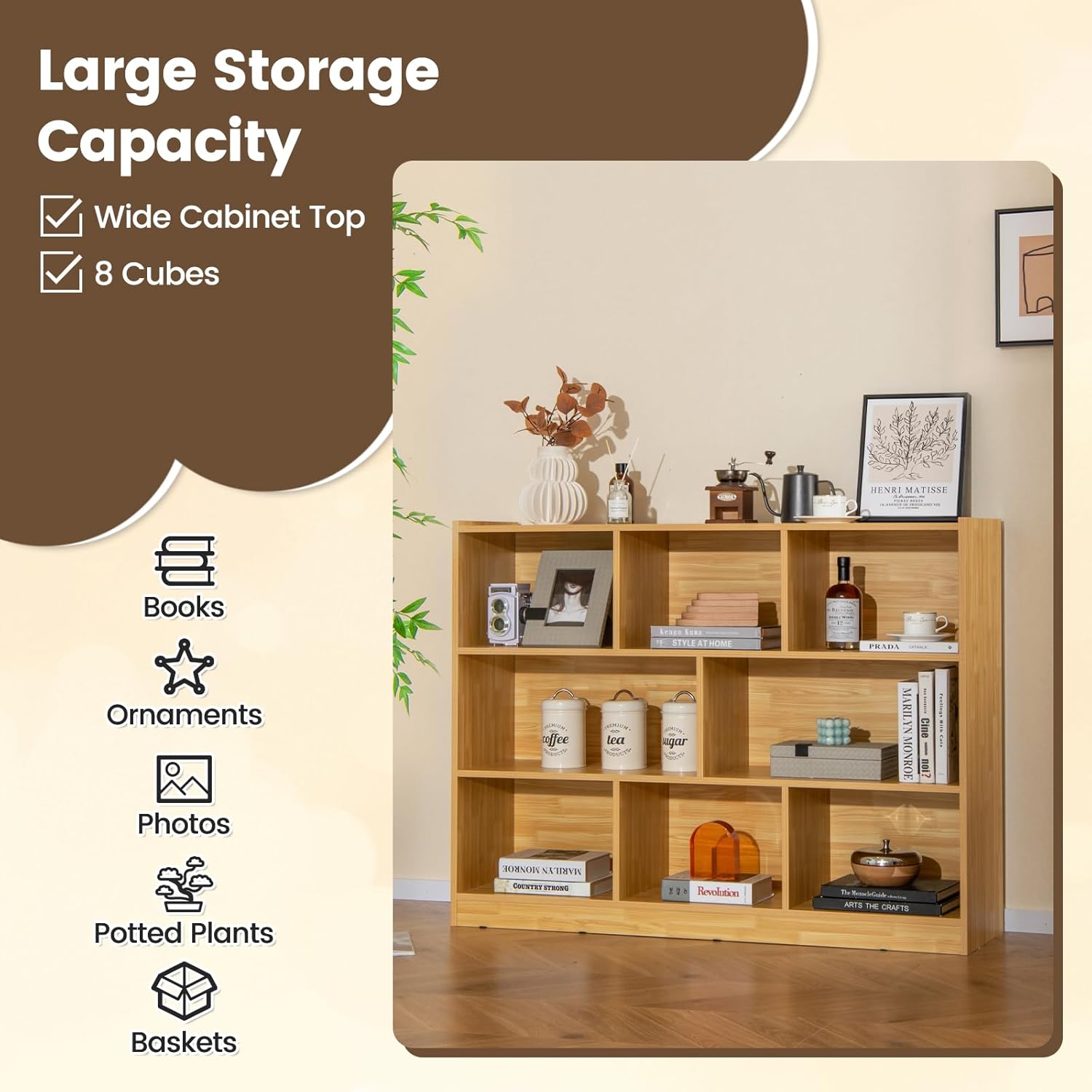 8 Cube Bookcase, 3-Tier Horizontal Bookshelf, Wooden Cube Storage Organizer for Home Office, Children's Rooms, Classroom, Under Winder Bookshelf (Yellow, 48” x 12.5” x 36.5”)