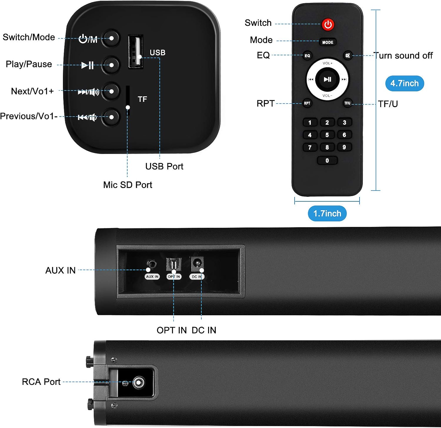 Sound Bars for tv, Audio TV Speaker with Surround Sound System,2 in1 Home Theater assembleable Soundbar,4 Driver Speakers,Remote Control,Wall Mounted,Optical/Aux/RCA/USB/Micro SD Connection Pack of 2