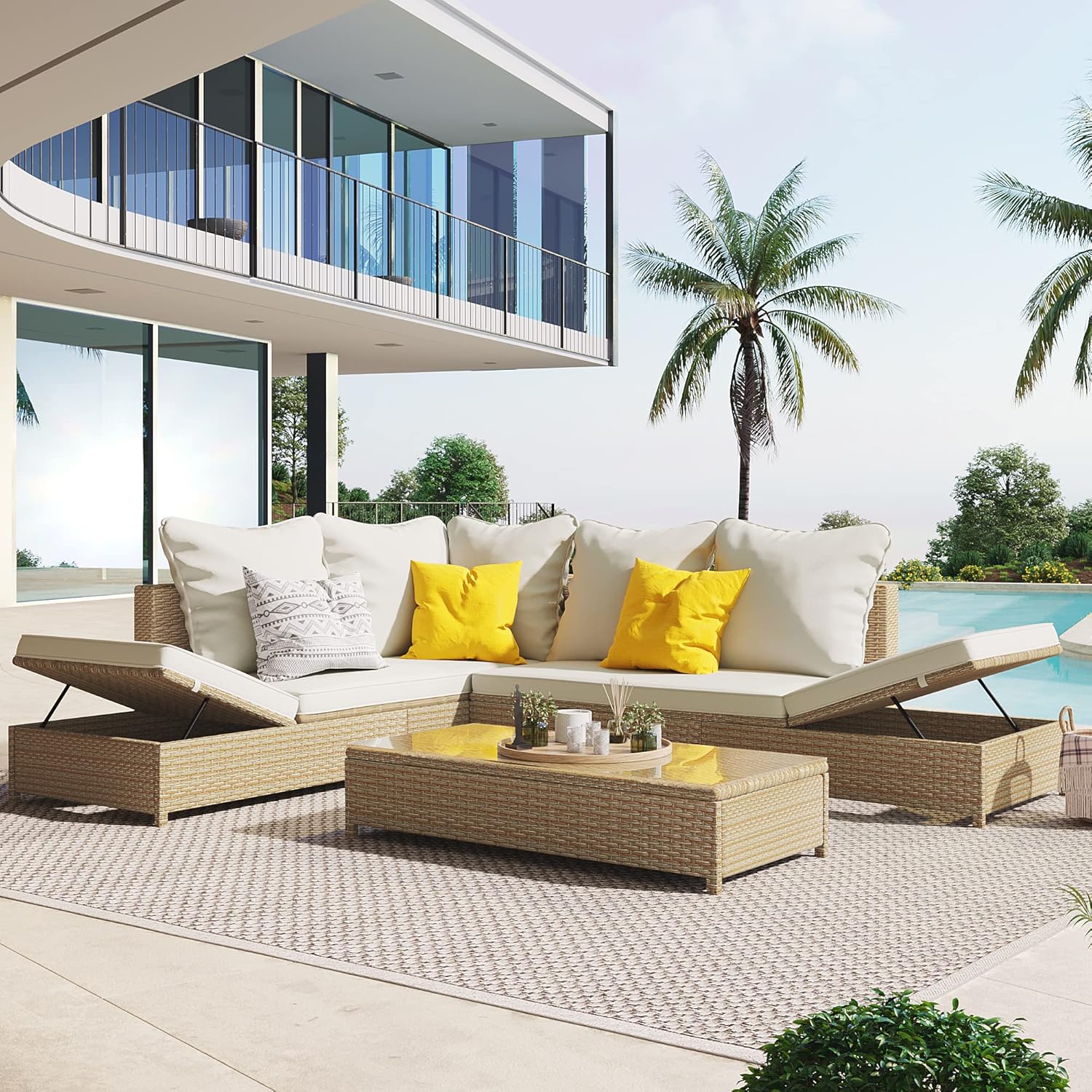 3-Piece Patio Furniture, Weather PE Rattan Wicker Sectional Sofa Set with Adjustable Chaise Lounge Frame and Tempered Glass Table, Washable Pillow&Cushion, Natural